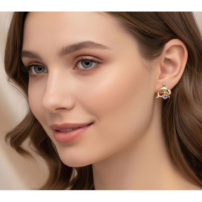 Pendientes de aro - Delfín - Circonita - Lavanda - Chapado en oro amarillo de 18k - 14 mm - Mujer/Niña
