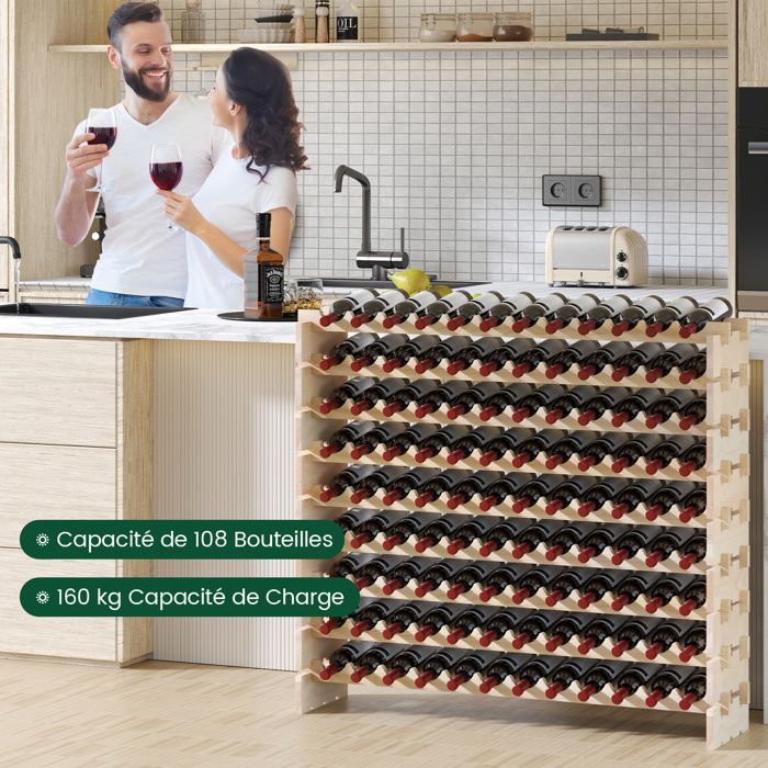 Botellero modular COSTWAY con 9 estantes para 108 botellas, botellero y soporte para botellas de madera de pino, 120 x 29 x 106 cm