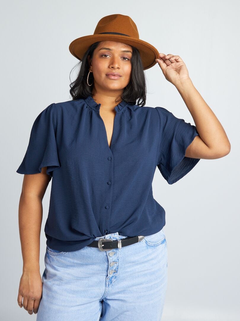 Zachte blouse met ruches - ZWART