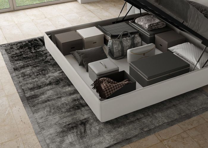 Cama king size con almacenamiento - Ityhome - Appia - Piel sintética blanca - 200x210 cm - Cabecero tapizado