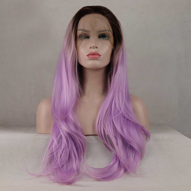 Ombre Purple Synthetic Lace Front Wigs for Women Party Natural Hairline Heat Resistant Fiber Glueless Lace Wig