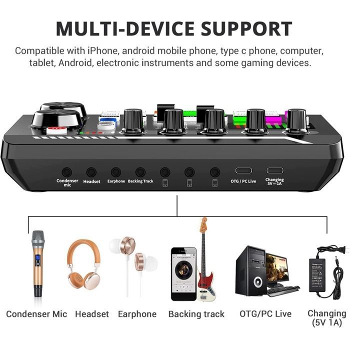 Podcast de la tarjeta de sonido en vivo F998, mezclador de audio, cambiador de voz para efectos de sonido y micrófono de karaoke.