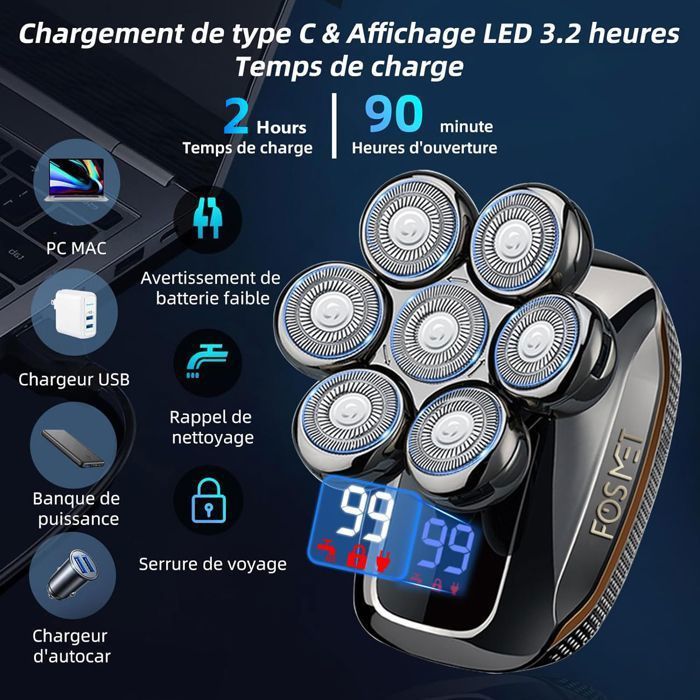 Rasoir Électrique - FOSMET - 5 en 1 - Têtes Rotatives - Écran LED - IPX7 Étanche