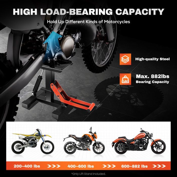 Soporte hidráulico para motocicletas - Elevador profesional para motocicletas - Soporte universal para motocicletas - Carga máxima: 400 kg