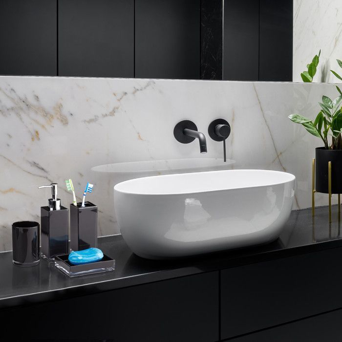 Relaxdays Bathroom Accessories 4-Piece Set: Soap Dispenser, Tumbler, Toothbrush Holder, Plastic Soap Dish, White