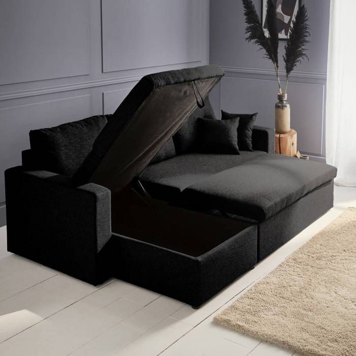 Sofá esquinero convertible en tela negra - IDA - 3 plazas. Sillón esquinero reversible con compartimento de almacenamiento y cama modular.