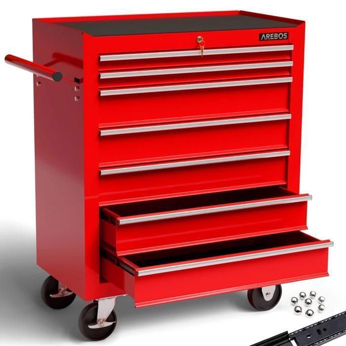 AREBOS Chariot d’atelier à 7 tiroirs en acier robuste – verrouillage central, roues pivotantes, surface résistante aux rayures