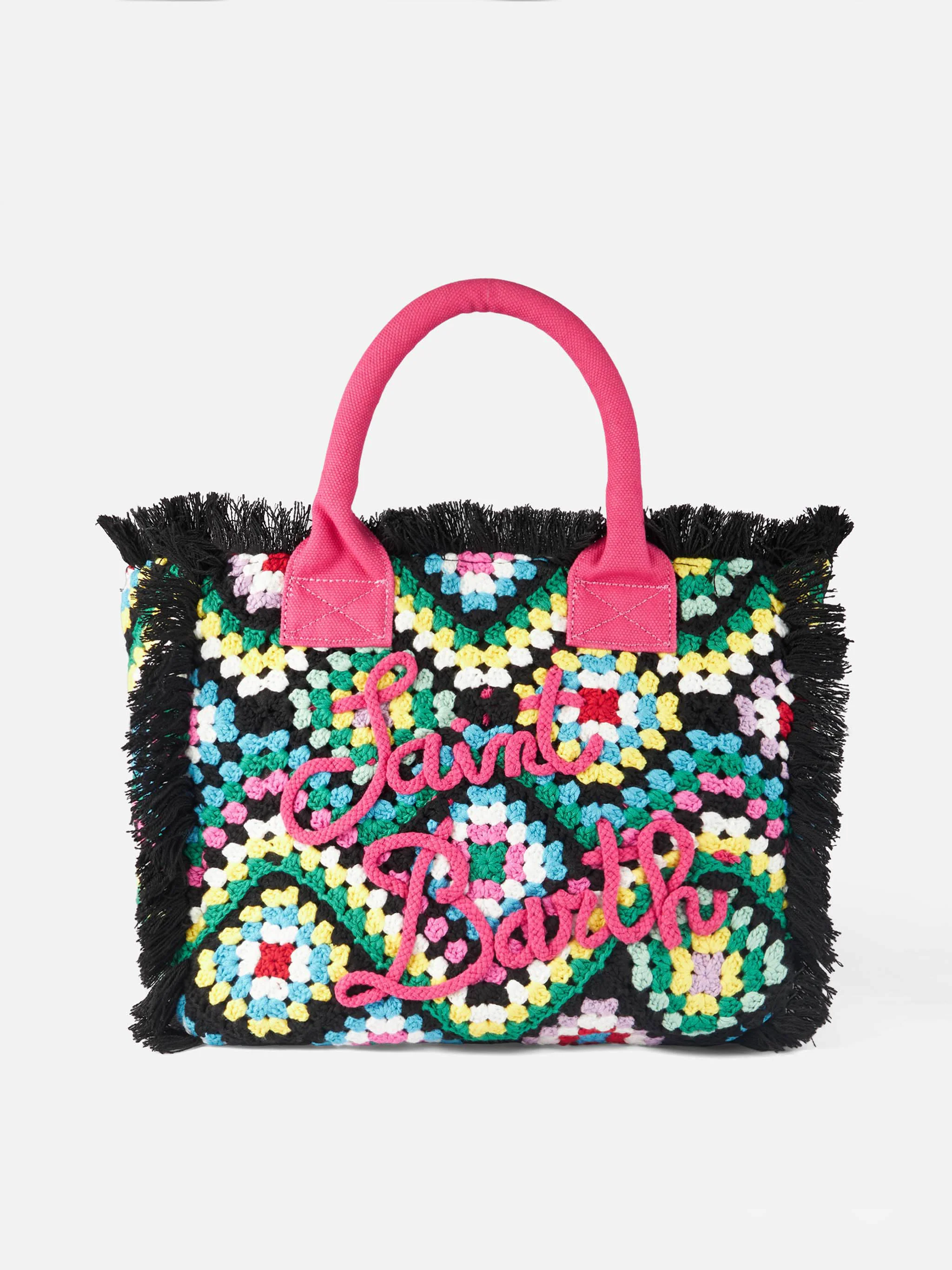 Gehaakte schoudertas van Vanity | Meerkleurig patroon op zwart | Geborduurd Saint Barth-logo | Binnenvak met rits | 40 cm x 32 cm x 20 cm | MC2 Saint Barth