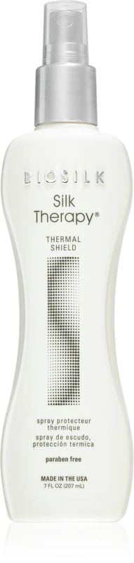 Biosilk Silk Therapy Thermal Shield, toplotno zaščitni sprej brez parabenov za uporabo pri uporabi likalnikov in kodralnikov las.