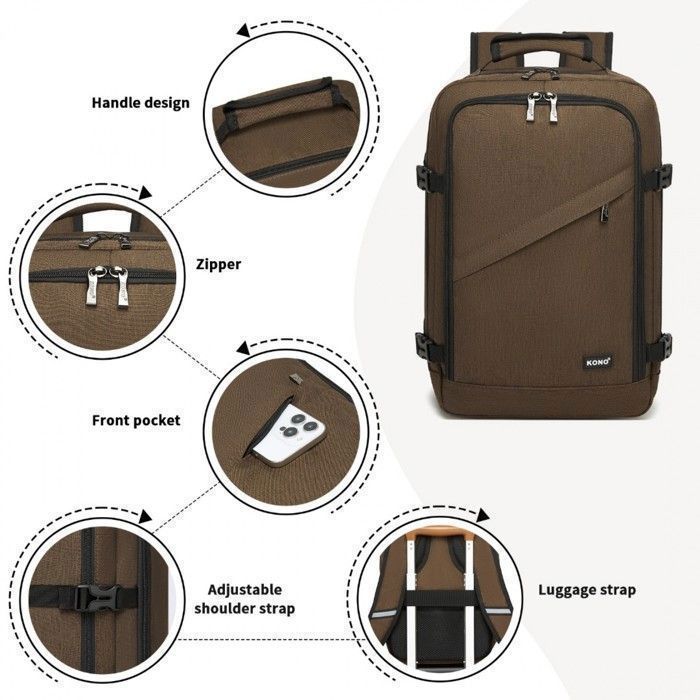 Mochila Kono 40x20x30cm, compatível com as normas da Ryanair, 24L, para bagagem de mão em aviões, para homens e mulheres, marrom.