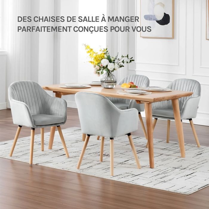 WOLTU 4x Chaises de salle à manger en velours, Chaise pour cuisine,salon,café, Pieds en bois massif, Gris Clair W0ATT0148-4