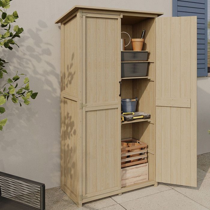 IDMARKET Wooden garden cabinet 90 x 50 x 160 cm with sloping roof, double door and shelves