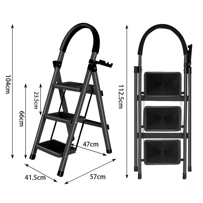 Escalera plegable de acero de 3 peldaños, color negro, 104 cm, con asa y plataforma antideslizante, capacidad de carga de 150 kg.