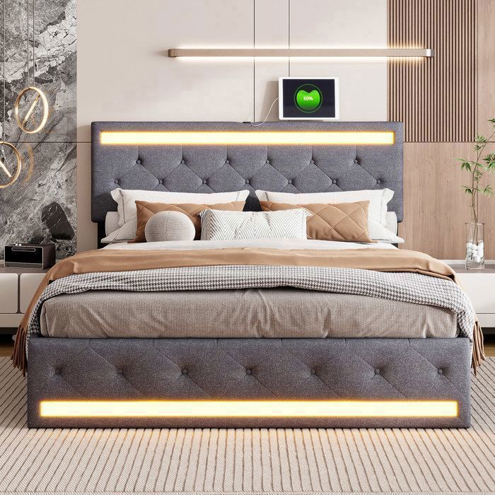 Bett (140 x 190 cm) – LED-Beleuchtung – USB-Anschluss – Leinenbezug – Doppelbettgestell (140 x 190 cm) – Dunkelgrau