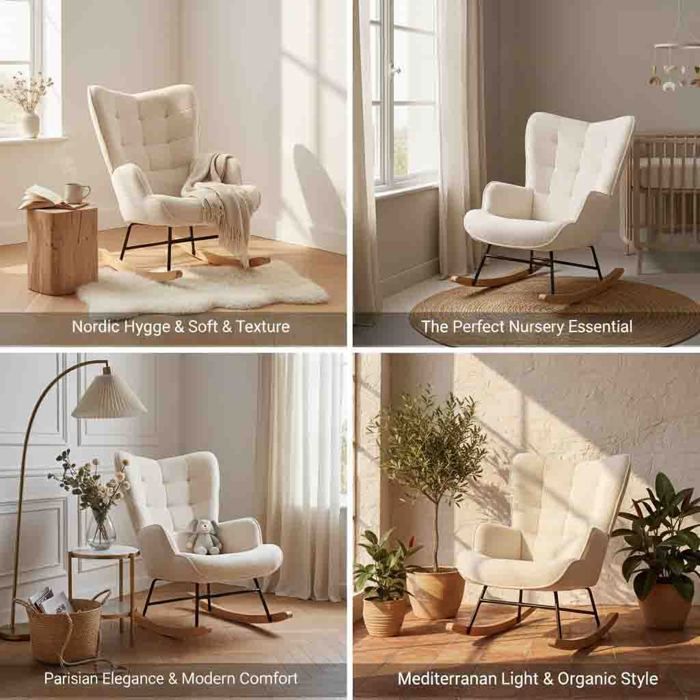Rocking Chair 68x75x92cm - High Ergonomic Backrest - Wood and Metal Legs - Scandinavian Style - Beige Bouclé Fabric