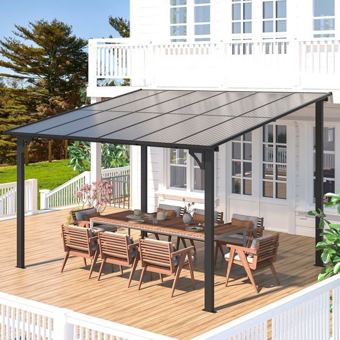 Pérgola mural YODOLLA de aluminio y policarbonato - Resistente a la intemperie - 3x3,65 m - Negra
