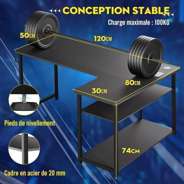 Bureau Gaming en Forme de L, Bureau d’Angle avec Étagères Rangement,  Prise de Courant, 120L*80P*74H, Noir