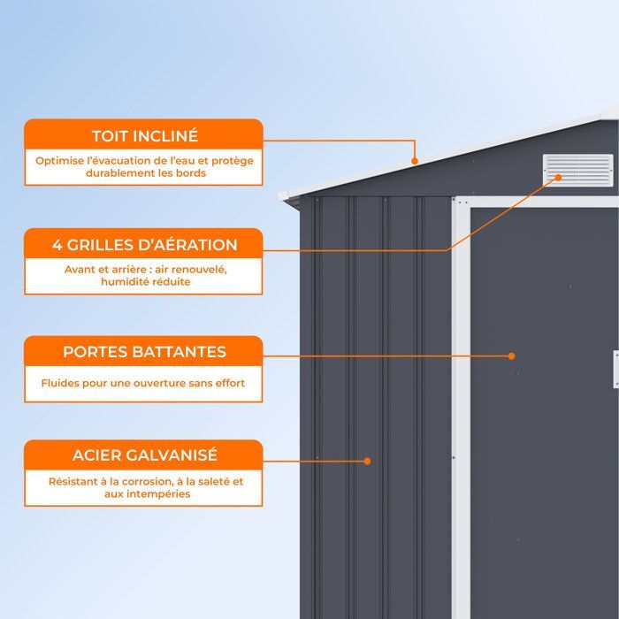 Metalen tuinschuur 2,71 m² - 213 x 127 x 195 cm - PLUTON - Inclusief verankeringsset, 2 schuifdeuren - Grijs