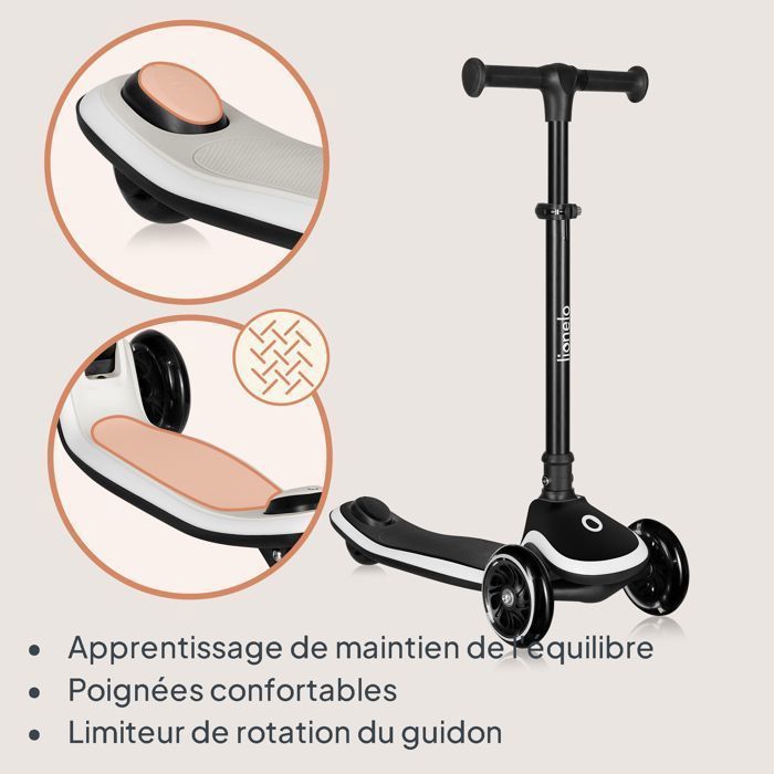 Trottinette enfant LIONELO Mey - 3 Roues éclairées - Pliable - Hauteur réglable - Noir