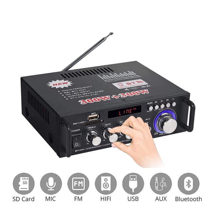 Amplificador de audio estéreo HiFi con entrada para tarjeta SD, radio FM y Bluetooth, 12V/220V, 300W + 300W