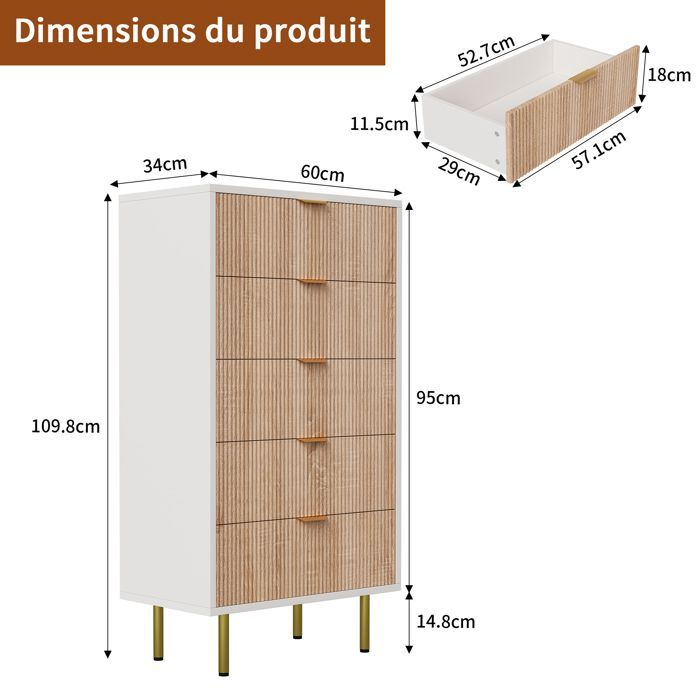 Commode 5 Tiroirs, Meuble Rangement Moderne, Coiffeuse, Meuble Chambre Bureau Salon Cuisine, 60x34x109cm, Multicolore