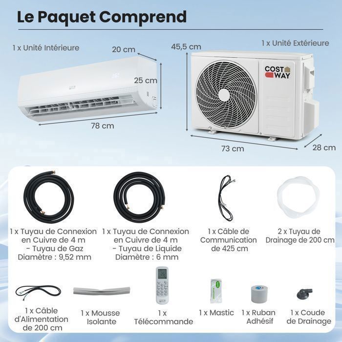 Aire acondicionado fijo mono-split Costway de 9000 BTU y 2,6 kW con refrigerante R32 - Temperatura de funcionamiento: 16-31 °C - Bomba de calor - Superficie: 22 m² - Kit de conexión completo de 4 m - Temporizador de 24 horas - Clase energética A++