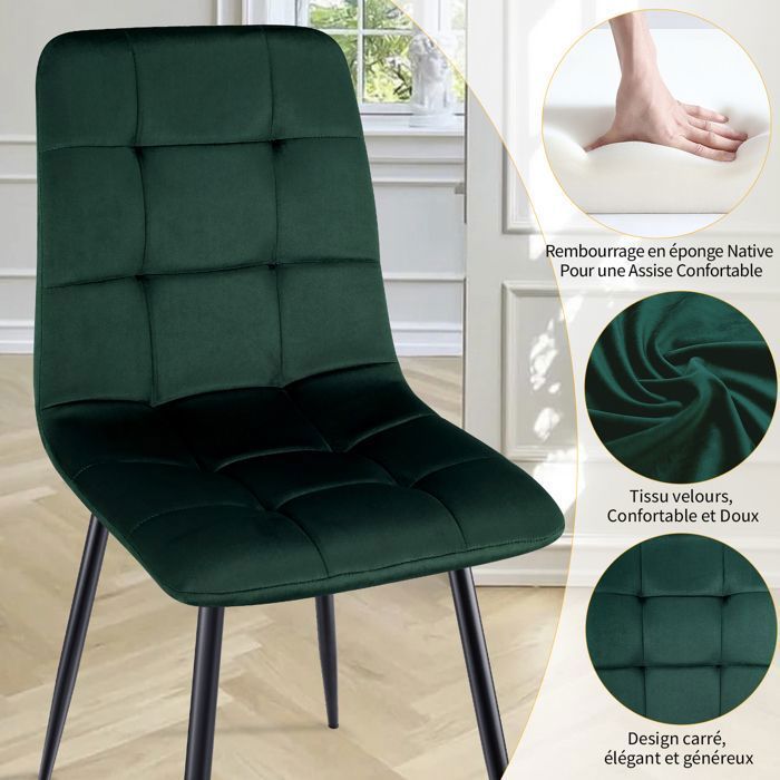 WAFTING Set of 4 Dining Chairs, Velvet Kitchen Chairs with Metal Legs - Dark Green