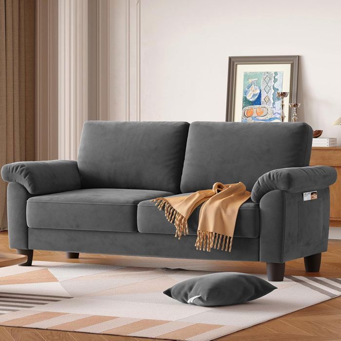 Canapé 2/3 Places en Velours Gris,Canapé Moderne avec 2 coussins,Fauteuil Scandinave pour Salon Chambre Bureau 178x76x87cm