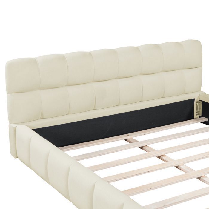 Cama tapizada de 140 x 190 cm, estructura de cama para 2 personas, cama de adulto, cama a ras de suelo, base de láminas, lino, beige