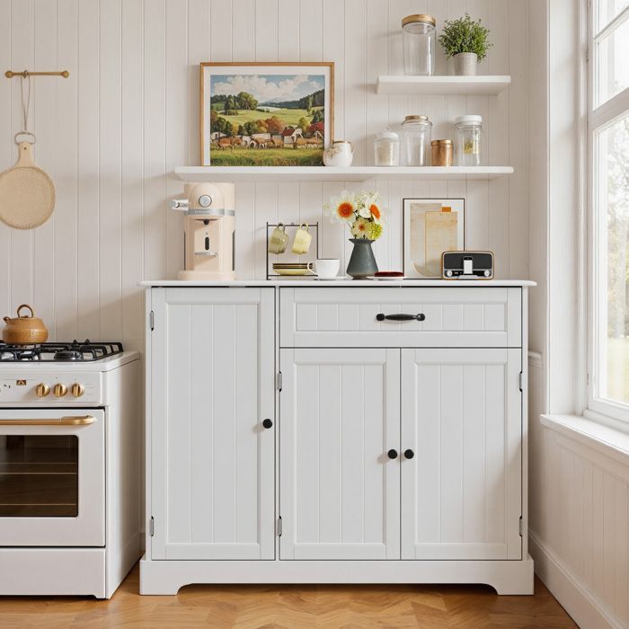Credenza da cucina - Bealife - Mobile contenitore - 1 cassetto - 3 ante - 5 ripiani - Mobile basso - Soggiorno - Bianco - 105x40x84,5 cm