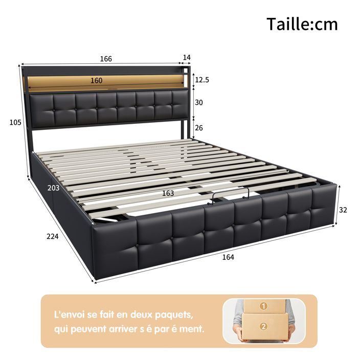 160 x 200 cm großes Stauraumbett, Doppelbettgestell mit LED-Beleuchtung und USB-Anschlüssen, Erwachsenenbett mit 4 Schubladen, Lattenrost, Matratze nicht enthalten, PU-Bezug, schwarz