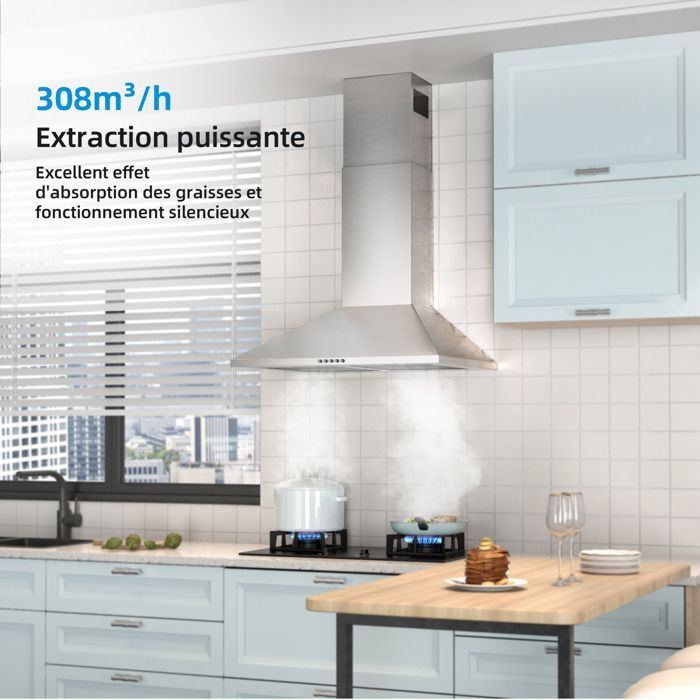 FIREGAS Hotte Aspirante Murale 60cm, 308 m³/h, Avec LED, 3 vitesses, Filtres à Charbon, Inox