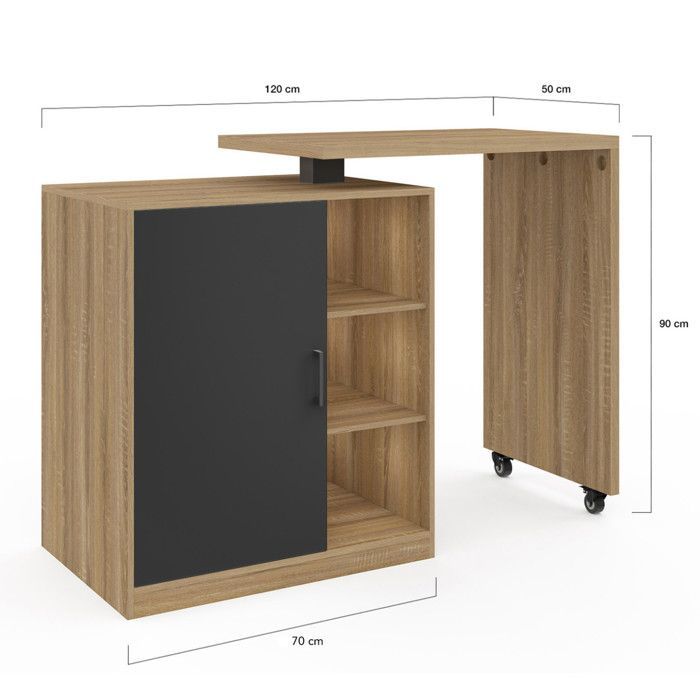IDMARKET Ilot rotatif POLO meuble de bar pivotant 2 en 1 imitation hêtre porte noire