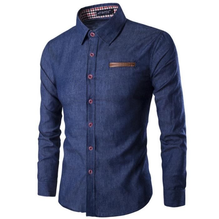Camicia da uomo in denim, maniche lunghe, colletto classico, vestibilità slim, primavera - blu scuro - INSFITY - vestibilità slim - denim di cotone