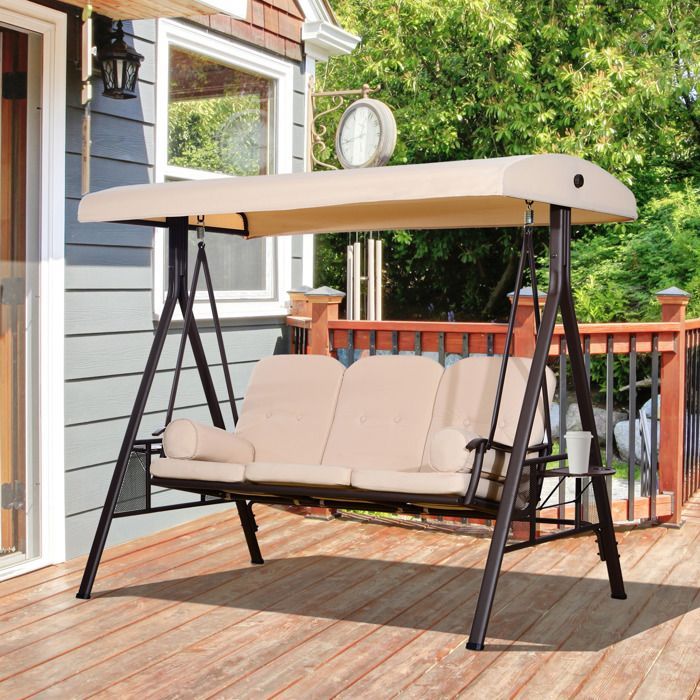 Balanço de Jardim - Outsunny - 3 Lugares - Toldo com Inclinação Ajustável, Almofadas, Bandejas Retráteis - 121x208x172cm - Bege