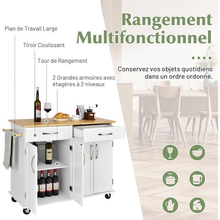 Carrito de cocina con ruedas COSTWAY - 2 cajones, 2 armarios de doble puerta, estantes ajustables - Carrito para isla de cocina -