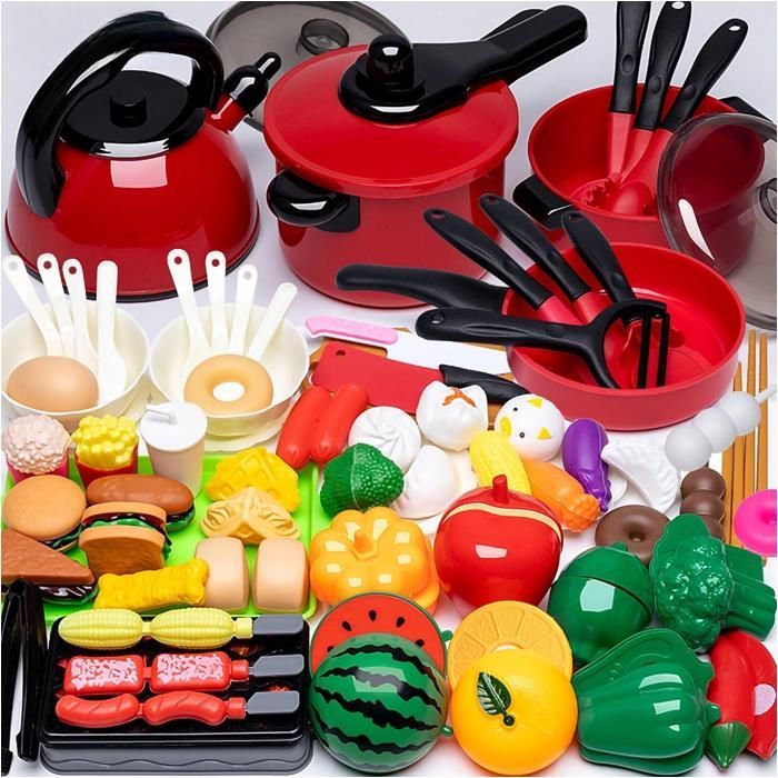 Accesorios de cocina para niños, juguete de chef para juegos de rol, con ollas y sartenes, comida de juguete (81 piezas)