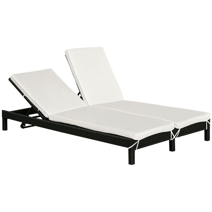 Sun lounger - Outsunny - 2-seater sun lounger with reclining backrest and mattress - woven resin - black
