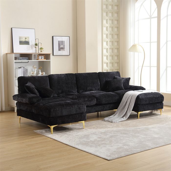 DRIPEX 4/5 Seater Chenille Fabric Sofa, Modern U-Shaped Sofa with 4 Cushions for Living Room, Bedroom, Black