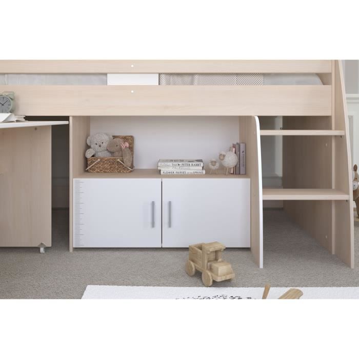Cama infantil combinada Parisot ZOLA de 90x200 cm - 2 puertas - Con escritorio - Acabado en madera de acacia clara y blanco