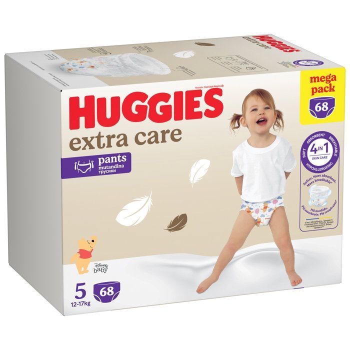 Huggies - Fraldas-calça Extra Care para Bebê - Tamanho 5 (12-17 kg) - 68 unidades - Pacote gigante - Hipoalergênicas, macias e respiráveis
