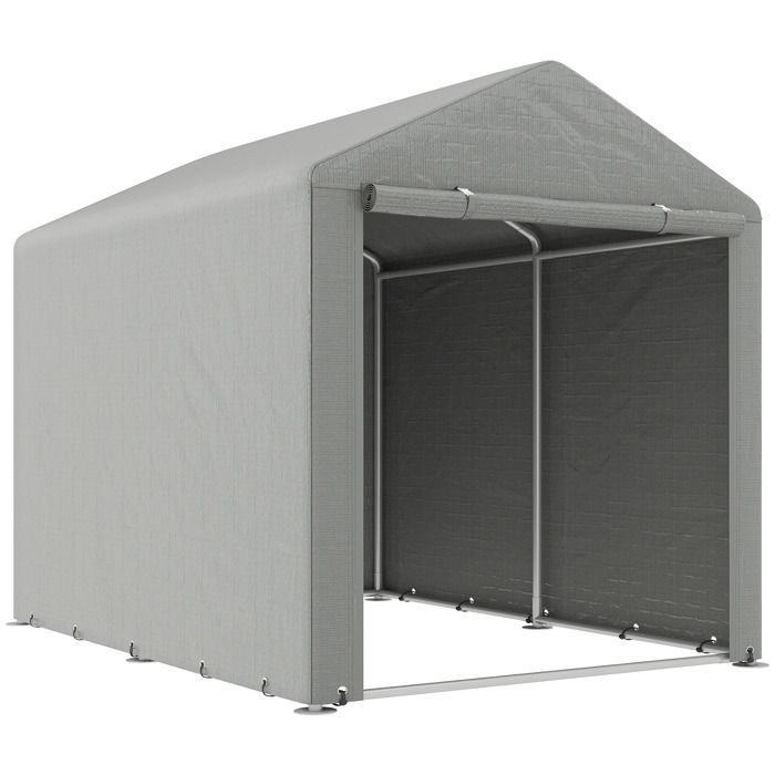 Caseta de jardín Outsunny con puerta enrollable y cremallera, ideal para bicicletas, motocicletas, leña y herramientas. Medidas: 160 x 218 x 172 cm. Color: gris claro.