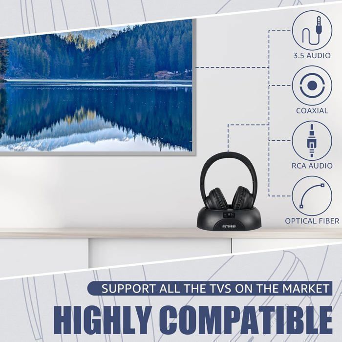 Retekess TA006 Wireless TV Headphones, Audio Headset, 8 Hour Battery Life, 30m Range, 3.5mm Stereo Headphones, RCA Input, Coaxial Cable, Audio Cable