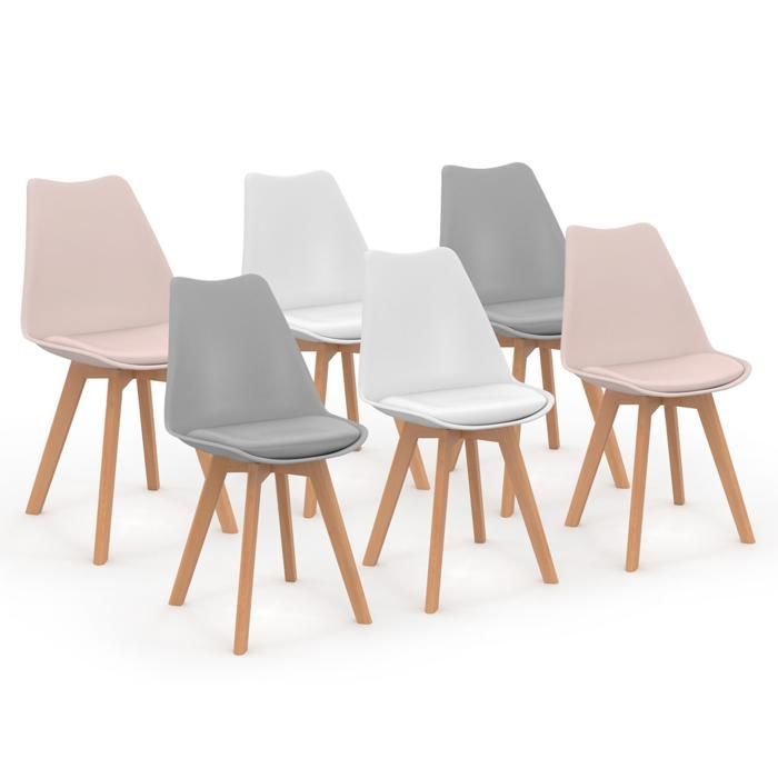 IDMARKET Lot de 6 chaises de salle à manger SARA scandinaves pastel rose x2, gris clair x2 et blanc x2