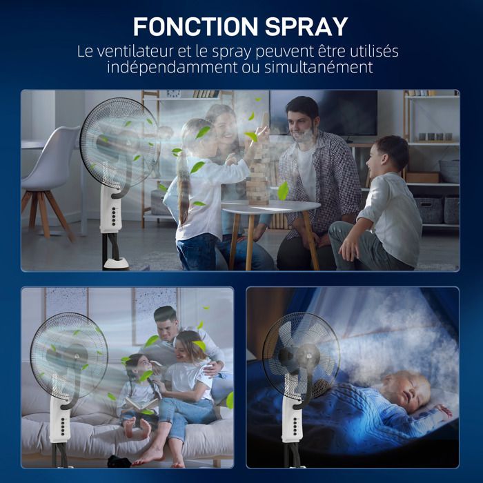 Ventilador nebulizador HOMCOM - 90W - Oscilación de 70°, 3 velocidades, depósito de agua de 2,8L y ruedas - Blanco
