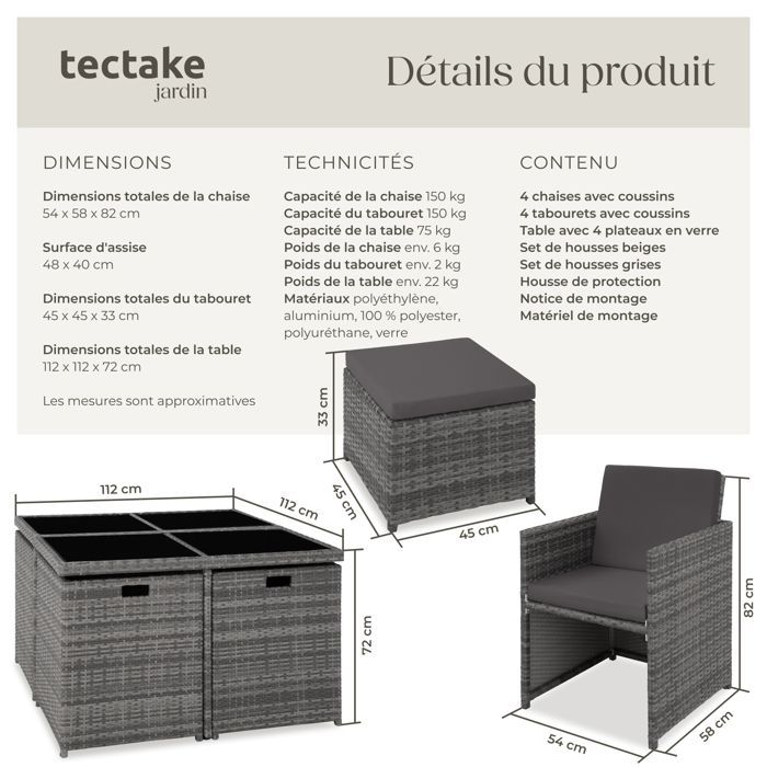 Salon de jardin - TECTAKE - Ensemble détente repas d'extérieur MANHATTAN 8 personnes pliable et encastrable résistant - Gris