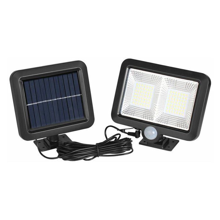 Lámpara solar exterior con detector de movimiento, foco solar LED, resistente al agua IP65, ángulo de iluminación de 120°.
