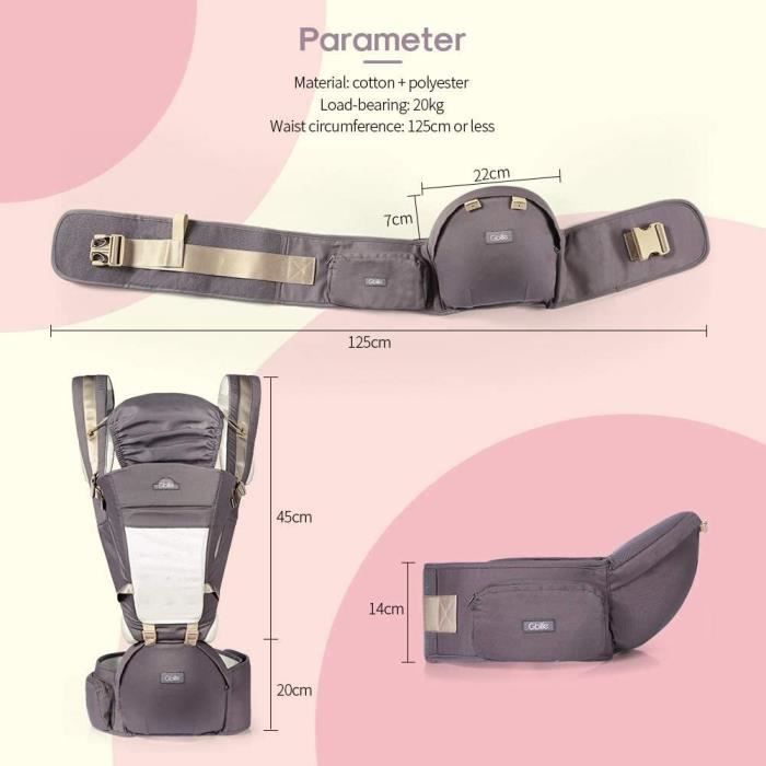 Porte-Bébé Ventraux Ergonomique avec Siège à Hanche 4 en 1 Multiposition pour Nouveau-né Bébé 0-36 mois 3.5-20kg (Gris)