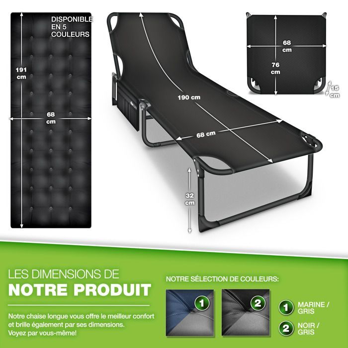 tillvex Folding Camping Bed, Black-Grey with Neck Pillow | Maximum Load 280 kg | Camping Lounge Chair with Padding