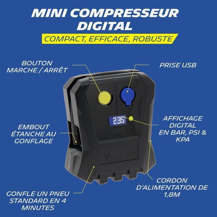 Mini compressore digitale 12V - MICHELIN - Gonfiaggio da 0,05 bar fino a 3,5 bar